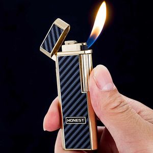 HONEST Genuine Narrow Retro Metal Sideslip Lighter Windproof Inflatable Grinding Wheel Open Flame Creative Gifts for Men MIWO