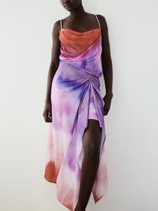 Casual Dresses Print Folds Dress Woman Strap Midi Vintage Asymmetric Hem Long Summer Backless 2023 Fashion Chic Female