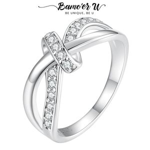 Bamoer U Bow-knot Moissanite Ring Twisted Geometric Texture Finger Ring S925 Double Layer Lab Diamand Solitaire Anello di fidanzamento