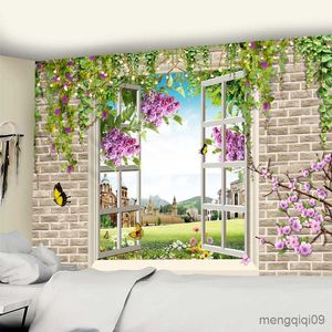 Tapestries Scenery Outside the Window Tapestry Flower Green Plant Wall Hanging Bedspread Art Home Decor R230710
