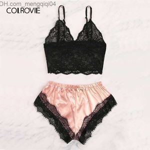 Conjuntos de sutiãs COLROVIE Bralette de renda floral com shorts de cetim Conjunto de lingerie feminino 2019 Conjuntos sexy de verão Conjunto de calcinha e sutiã feminino Y200708 Z230710