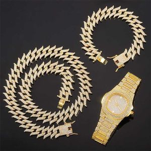 Strands Hip Hop Necklace watch bracelet Iced Out Paved Rhinestones Miami Curb Cuban Chain Cz Bling Rapper for Men Jewelry 230613