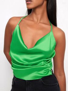 Damtankar Sexig Satin V-ringad Hängsel Halter Y2k Bodycon Backless Lace Up Basic Top Dame 2023 Summer Lady Streetwear Camis