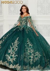 Forest Green Floral Patterned Quinceanera Dresses with Sleeve Cape Off Shoulder Gold Applique Corset vestidos de baile