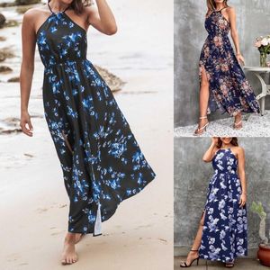 Casual Dresses Women Boho Floral Print Sexy Halter Neck Sleeveless Maxi-Long Dress Empire Waist Side Split Flowy A-Line Holiday