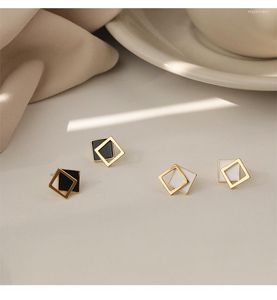 Stud Earrings Fashion 925 Sterling Silver & 14K Gold Plated Black And White Checkered Agate For Women Jewelry Female