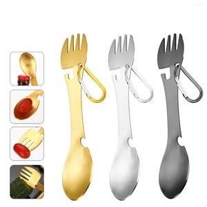 Dinnerware Sets 5-in-1 Utility Tactical Spork Stainless Steel Spoon & Bottle Opener Fork Knife Can Combo Camping Utensil For Hiking