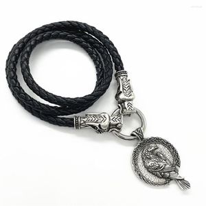 Pendant Necklaces Odin Raven Amulet Viking Wolf Heads Leather Chain Punk Talisman Mens