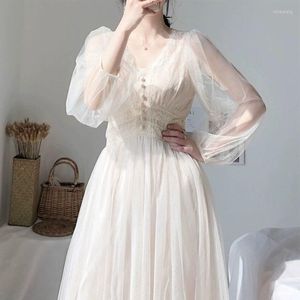 Casual Dresses Elegant Lace Mesh A-Line Button White Dress Women Fashion V-Neck High Waist 2023 Summer Puff Sleeve Vestidos 8126 50