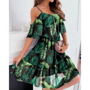 Podstawowe sukienki na co dzień Seksowny Spaghetti Pasek Wakacje Kwiatowy nadruk Kobiety Sukienki Moda Off Shoulder Sundress Elegancka szyfonowa linia A Plaża Boho Spódnica 230710