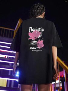 Camisetas masculinas Floristic Studio Pink Manga Oversize T-shirt Coreana Vintage Unissex com decote em O Preto Tees Tops femininos Streetwear Camiseta de algodão