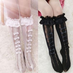 Women Socks Girl Knee High Sweet Hollow Lace Kawaii Bow Ruffle Lolita Stockings