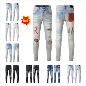 Amri Jeans Designer Stack dżinsy europejskie fioletowe dżinsy pikowania dla trendu marki pant męskie fold szczupłe mody sstraight spodnie Vei9