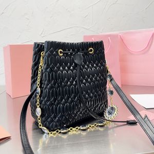 Fold Bucket Bag Women Handbags Purse Crossbody Bags Genuine Leather Crystal Chain Removable Strap Drawstring Closure Thread Woemn Shoulder Bags