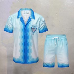 Fatos de treino masculinos conjunto de verão 3XL camisas azul gradiente onda padrão bolso manga curta cardigã casa ternos para homens mulheres