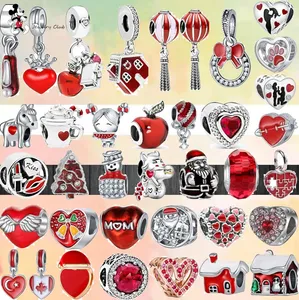 Para pandora charm 925 contas de prata charms Fashion Sparkling Red Apple Tree House Amor Mãe Menina Conjunto de charms de vidro