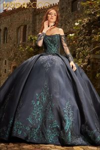 Black Gillter Sequins Applique Quinceanera Dresses Illusion Long Sleeve Beaded Gothic Corset vestidos de 15 anos quinceaneras