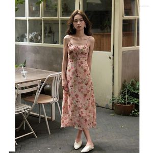 Vestidos casuais verão chiffon floral camis vestido longo meninas cintura alta manga bufante elástico nas costas vestidos finos com forro para mulheres