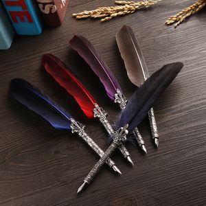 Fountain Pens 1 Set Multicolor Retro Quill Dip Pen Turkey Feather Oblique 5 Nibs Gift Writing Tools Office School Supply 230707