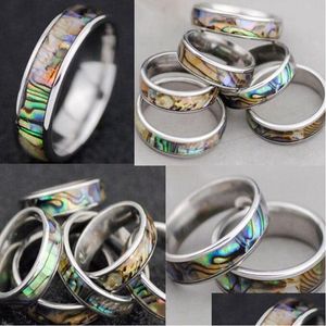 Band Rings 36Pcs Natural Shellfish Abalone Shell Inlay 316L Stainless Steel Quality 6Mm Width Retro Engagement Pupar Ring Wh Dhcjf