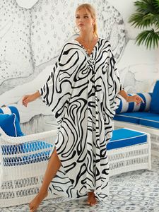 Stroje kąpielowe dla kobiet Sexy Zebra Striped Bikini Cover-up Casual V-neck Side Split Summer Beach Dress Women Beach Wear Swim Suit Cover Up Q1297 230710