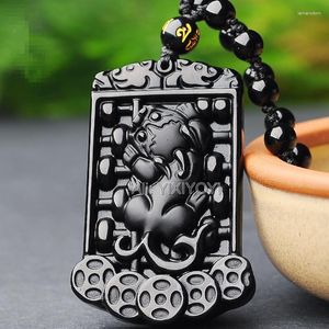 Pendant Necklaces Natural Black Obsidian Carved Chinese Blessing Abacus Coin PiXiu Lucky Amulet Beads Necklace Vintage Gift Jewelry