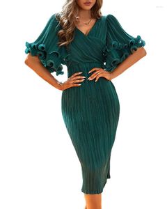 Casual Dresses Women Solid Elegant Off Shoulder Ruffle Sleeves Pleated Midi Formal Party Bodycon Green Sexy