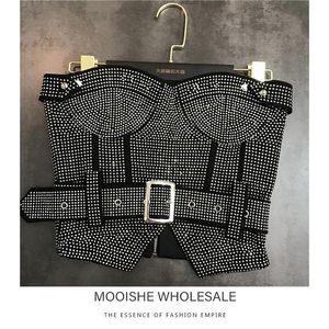 Pants Mooishe Sexy Women Diamond Crop Bra Tank Tops Black Summer Hot Drilling Bring Belted Tops