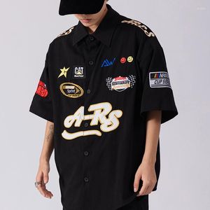 Women's Blouses Racing Style Japan Vintage Badge Print Button Up Shirt For Men Hip Hop Streetwear Oversized Short Sleeve Tops Summer Large