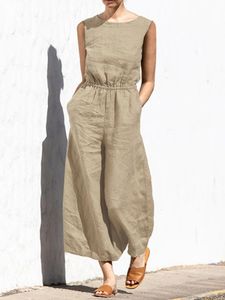 Hosen Sommer Lose Feste Frauen Overalls 2022 Sommer Ärmel O Hals Baumwolle Leinen Strampler Mode Dame Elastische Taille Büro Insgesamt