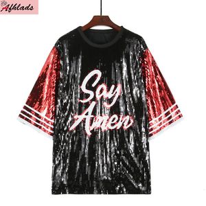 Camiseta Feminina Summer Night Club Letra Lantejoulas Hip Hop Manga Curta Listrada Patchwork Gola Redonda Reta Streetwear 230711