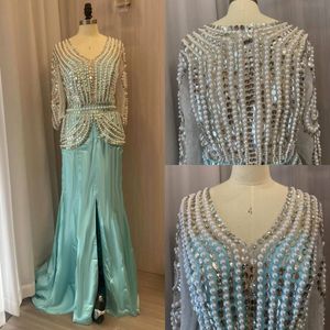 2023 Sparkling Evening Dresses Crystal Beads Pearls Mermaid Prom Dress Sexy V Neck Party Gowns Shiny Robe De Soiree Vestido Split Long Sleeves