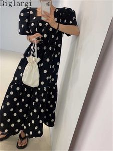 Miejskie seksowne sukienki letnia moda damska bufiaste rękawy sukienka w kropki Casual Office luźna czarna sukienka Korea damska damska swetry długie sukienki z nadrukiem L230711