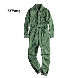 Herrbyxor Jumpsuit Långärmad Lapel Beam Fötter Bomullsoverall Hip Hop Streetwear Loose Cargo Grön Svart Fraktbyxa 230711