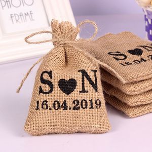 Packaging Bags 50PCS 10*14Cm Personalized Burlap Hessian Drawstring Bag Custom Name Bags Gifts Packaging Pouchs Small Wedding Gifts for Guests 230710