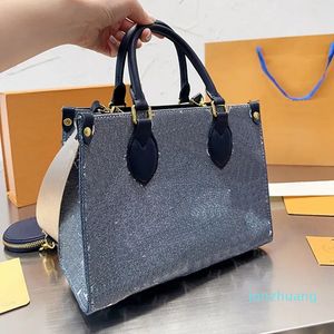 Denim Jeans Tote Bag Spalla Borse a tracolla Borsa da donna in tela Borsa con cerniera rotonda Lettera classica Manico in pelle con cinturino jacquard regolabile