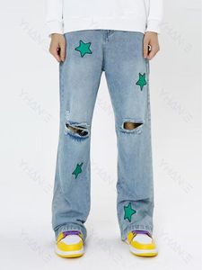 Jeans för män Mode Brevstjärna Broderi Baggy Herr Hip Hop Byxor Rippade hål Raka Vintage Denim Byxor Pantalon Homme