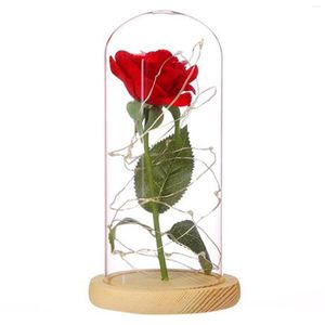 Flores decorativas flor artificial folha de ouro rosa vermelha e luz led em cúpula de vidro presente romântico para aniversário de casamento