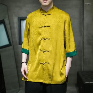 Männer Casual Hemden Sommer Hemd Chinesischen Stil Retro Marke Weiche Satin Dunkle Muster Jacquard Knopf Tang-anzug Hanfu