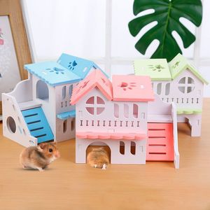 Forniture per piccoli animali Casa per criceti Giocattolo Nascondiglio per animali domestici in legno 2 strati con design a scala Capanna Giocattoli da gioco 230710