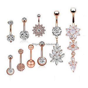 Navel Bell Button Rings 9Pcs/Set Piercing For Women Zircon Sier Rose Gold Color Surgical Steel Summer Beach Fashion Body Jewelry D Dhhxd