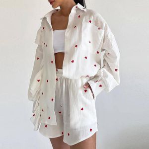 Women's Tracksuits Fashion Ruffle Edge Love Cotton Home Set 2023 Women Long Sleeve Shirt Tops And Pocket Shorts Pajamas Suit Sweet