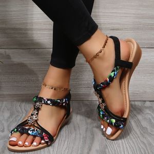 Sandálias Rimocy Mulher Sandálias Bohemian Wedges Summer Flower Anti Slip Beach Sandalias Mujer Faixa Elástica Salto Baixo Sapatos Romanos Mulher 230710