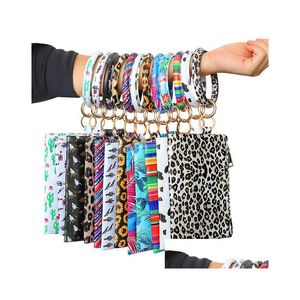 Schlüsselanhänger Pu-Armband Schlüsselbund Leder Handgelenk Ring Runde Leopard Brieftasche Armbänder Handtasche Anhänger Geldbörse Dame Clutch Bag Münze Make-up D Dhohj