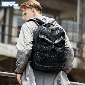 Factory wholesale men brand shoulder bags 3 colors soft embossed leather leisure backpack street popular skull fashion computer bag cool punk rivet backpacks