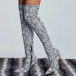 Buty 2023 damskie buty za kolano zakolanówki nadruk węża 11cm wysokie obcasy serpentynowe striptizerka długie proszę zimowe skórzane buty na studniówkę L230711