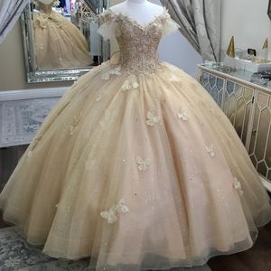 シャンパンセクシーな V ネックキラキラクリスタルレースリボンキンセアニェーラドレス夜会服オフショルダースウィート 15 Vestidos De XV Anos