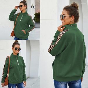 Damen Hoodies Frauen Langarm Sweatshirt Leopard Patchwork Lose Pullover Tops mit Taschen Reißverschluss Revers Rollkragen Casual Sport N7YE