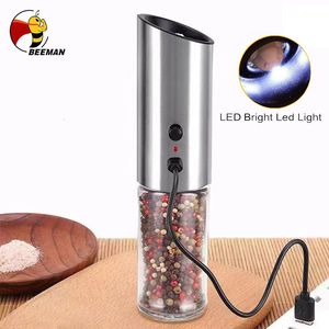 Mills BEEMAN Automatic Salt Pepper Grinder Electric Spice Mill With LED Lamp Adjustable Coarseness Kitchen Tools Grinding For Cooking 230710