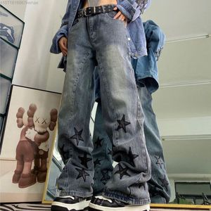 Saias American Retro Embroid Stars Jeans Lavados Para Mulheres Streetwear Y2k Verão Longo Harém Pant Slim Cintura Alta Calça Reta Perna 230711
